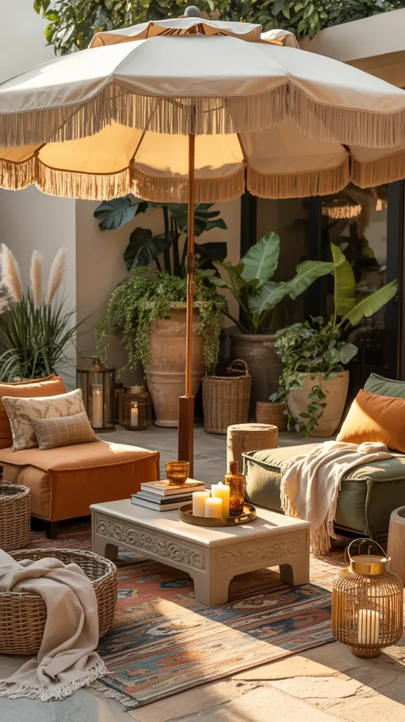 boho patio lounge under fringed umbrella with cozy seating and plants creating shaded outdoor retreat