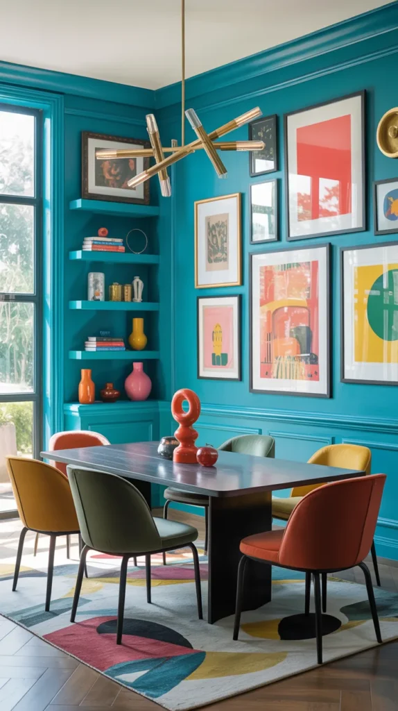 Aqua dining room with multicolor gallery wall and modern furniture, artistic colorful dining interior