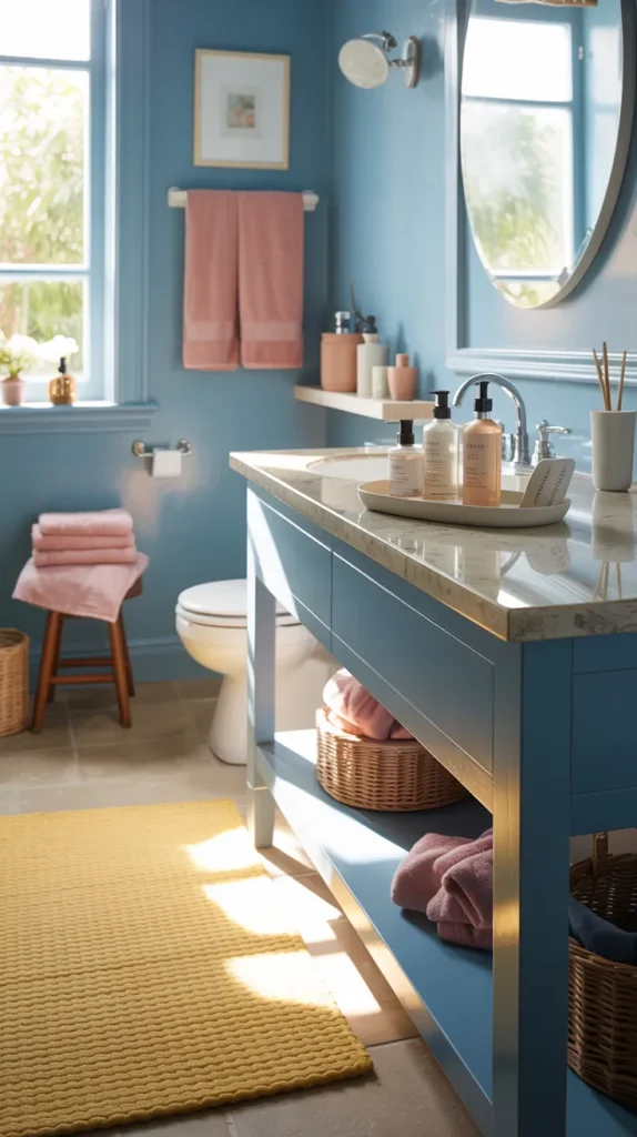 Baby blue bathroom with rose and buttercup accents styled as a cozy fully decorated space