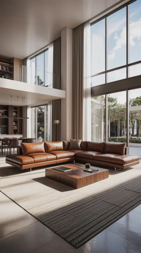 Open concept living room with a large leather sectional defining the seating area in a bright modern home layout.