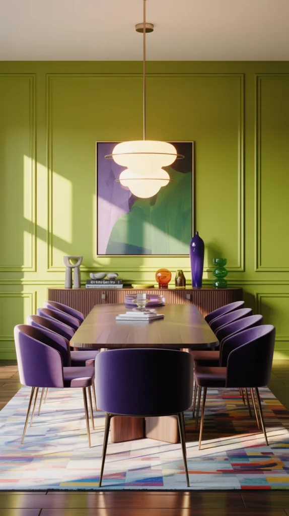 Dining room with lime green accent wall and purple velvet chairs, bold colorful modern interior