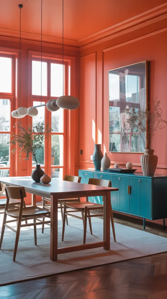 Coral dining room featuring teal sideboard furniture and colorful decor, vibrant modern dining space