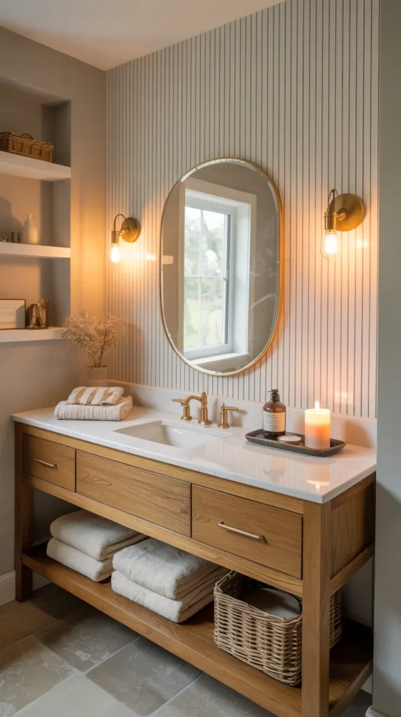 Vertical shiplap accent wall bathroom with oak floating vanity, brass mirror, warm lighting, and cozy spa-like styling.