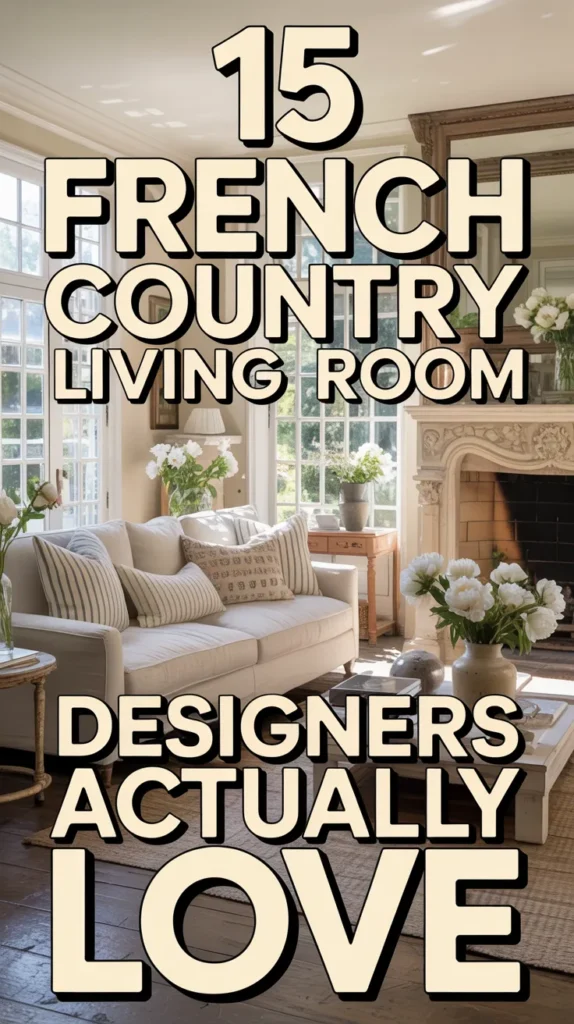 Sunlit modern French country living room with cream linen sofa, carved fireplace mantel, and fresh florals used as a Pinterest cover image with large title text about French country living room ideas