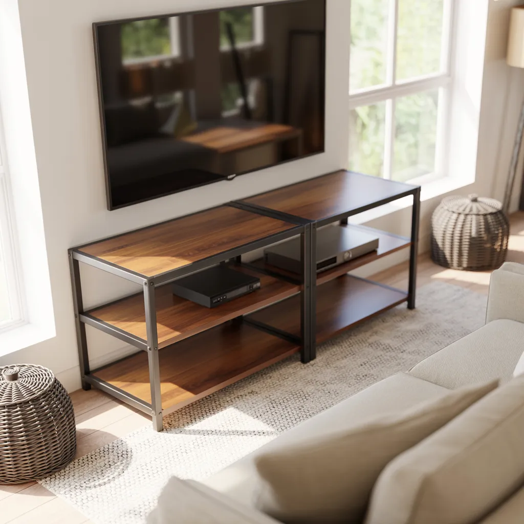 Luxury marble-look TV console with waterfall edge detail styled in a bright modern living room with curved sofa, brass accents, and natural daylight.