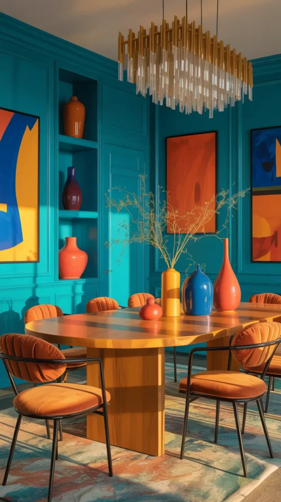 Turquoise dining room with tangerine accents and colorful decor, bold vibrant fully furnished dining space