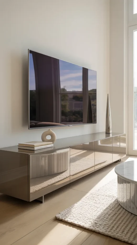 High-gloss white lacquer TV console styled beneath a wall-mounted television in a bright modern living room with reflective finish and natural light.