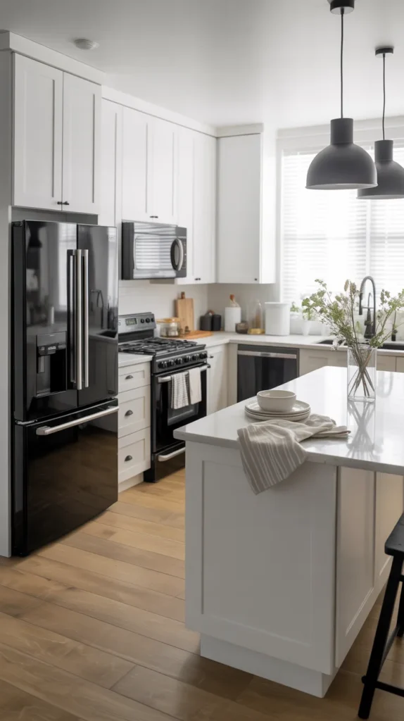 Bright white kitchen with black refrigerator, stove, dishwasher and microwave accented by simple spring flowers in natural daylight.
