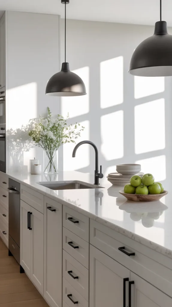 Bright white kitchen with matte black hardware accents, black faucet and lighting, styled with apples and flowers in natural sunlight.