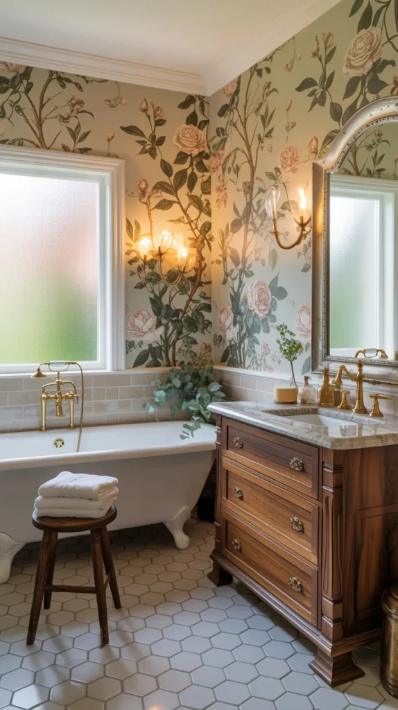 Full bathroom with floral wallpaper, freestanding tub, wood vanity, and warm elegant styling.