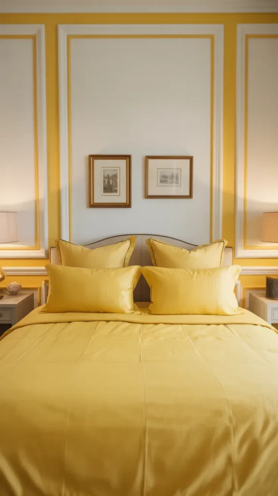 Bedroom with yellow and white wainscoting panels and matching yellow bedding in a refined classic style.