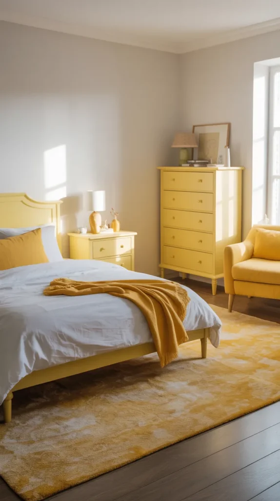 Bedroom styled with yellow furniture accents including nightstand and chair with matching yellow bedding.
