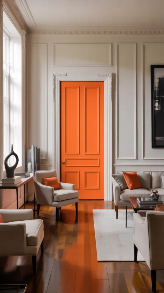 Bright living room featuring a vivid orange interior door with classic wall molding and styled console table.