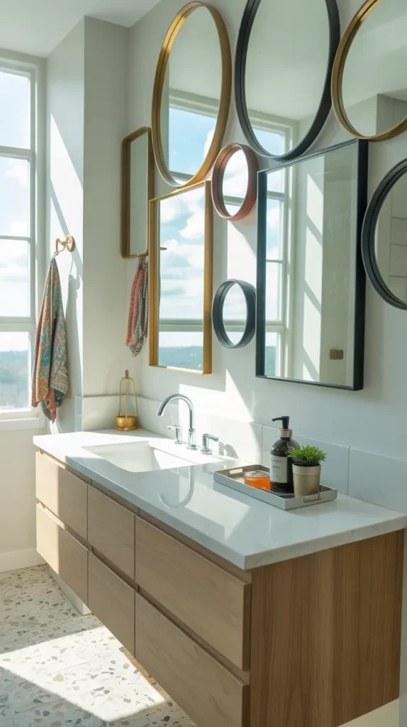 Mixed Metal Mirror Wall
A mixed metal mirror wall instantly makes a bathroom feel layered and thoughtfully styled. Instead of one predictable finish, combining metals — like brass, black, chrome, or brushed nickel — adds depth the same way mixed materials do in furniture. The mirrors reflect light differently depending on their frames, which gives the wall subtle movement throughout the day. Rather than looking perfectly matched, the space feels curated and collected.
The key is balance, not randomness. Repeating each metal at least once keeps the design cohesive so it feels intentional instead of accidental. When the finishes echo fixtures or accessories elsewhere in the room, everything ties together naturally. The result is a wall that acts as both decoration and function — a structured contrast that still feels harmonious.