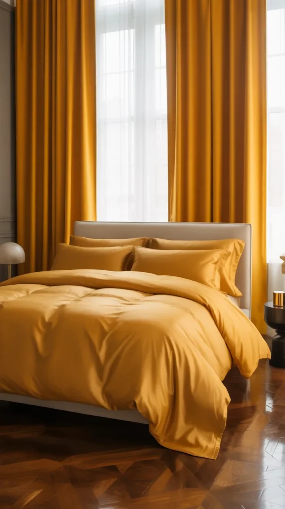 Modern bedroom with yellow bedding and bold yellow curtains adding warmth and color.
