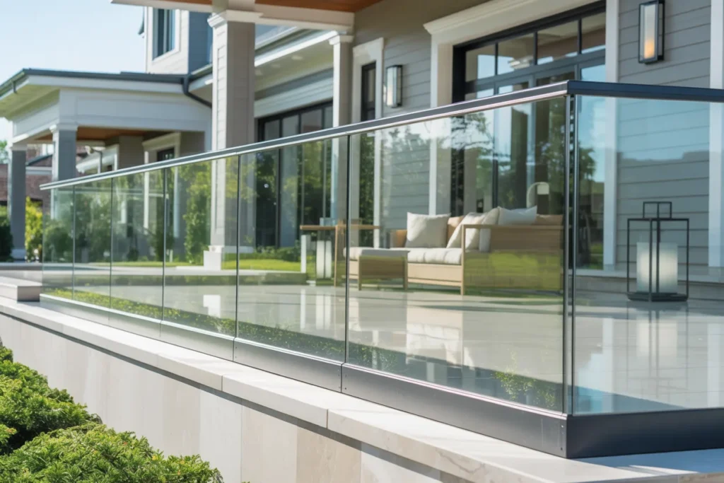 Modern front porch with full glass panel railing framed in black metal, minimalist seating, front door, and landscaped yard visible through glass in bright daylight.