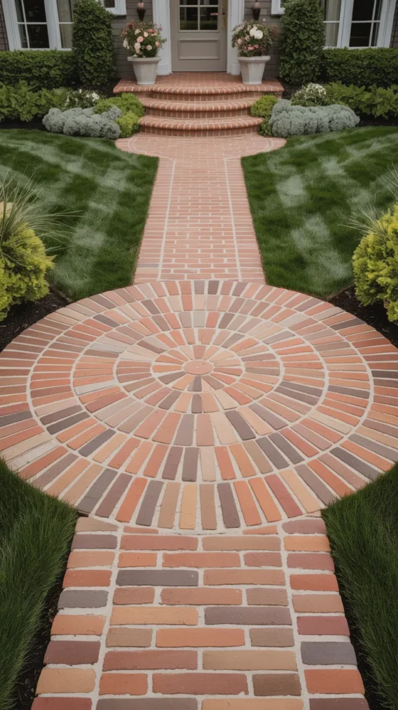 Circular brick landing creating a welcoming focal point at a home entrance.