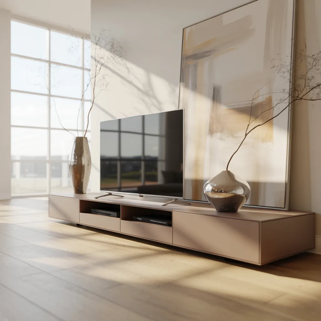 Ultra-low beige TV console styled with oversized art and sculptural decor in a bright modern living room.