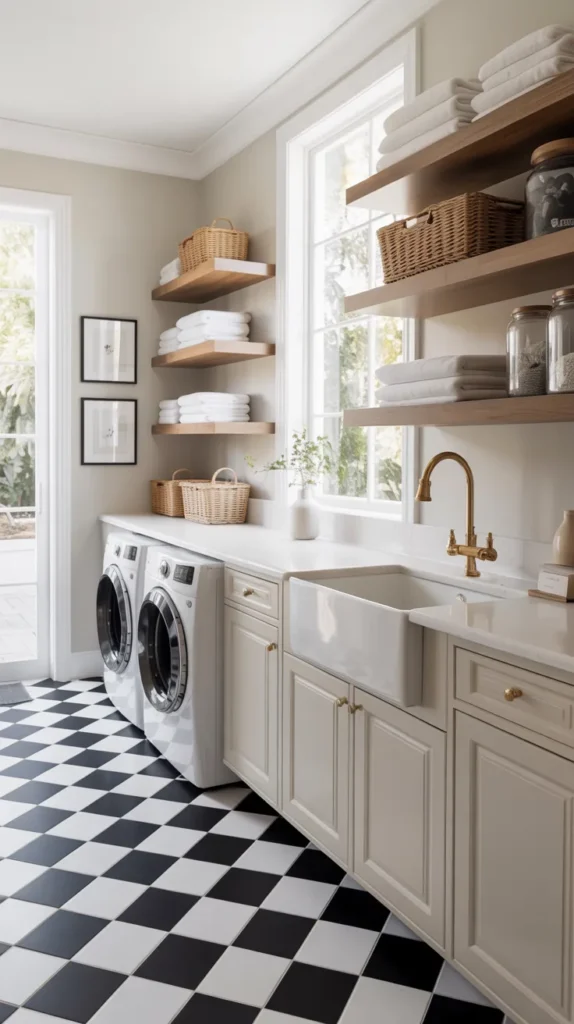 Bright modern laundry room with black and white checkerboard tile flooring, white shaker cabinets, brass hardware, and styled floating oak shelves.