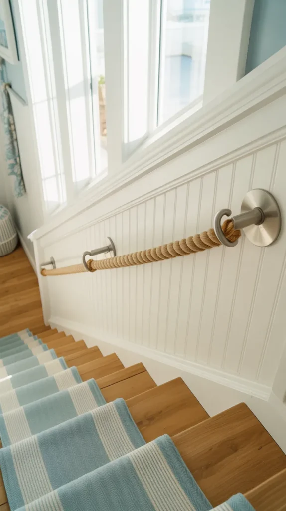 Coastal staircase with nautical rope handrail, white beadboard walls, and light wood stairs in a bright beach-style home.