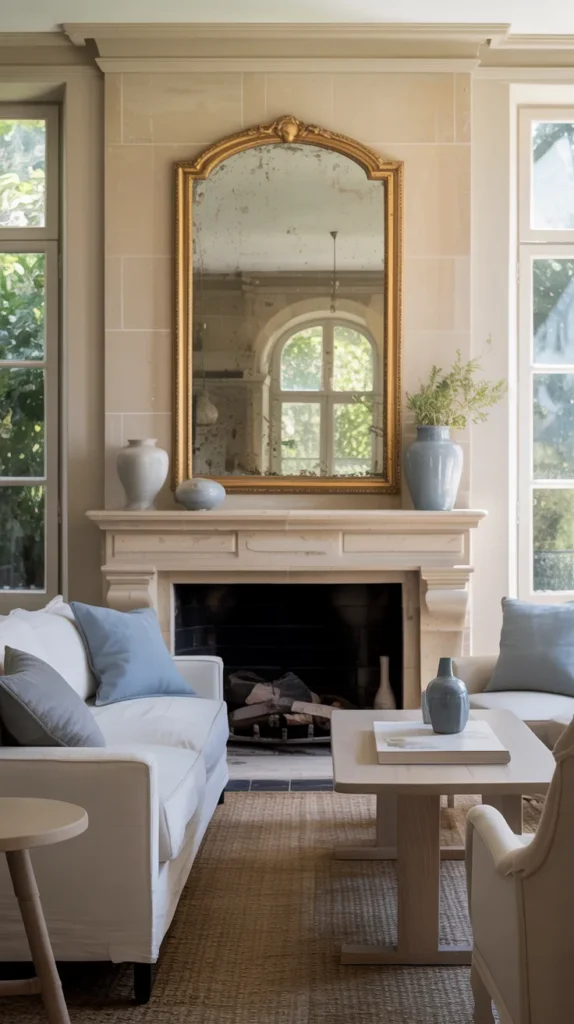 Modern French country living room with an antique gilded mirror above a fireplace reflecting soft natural light