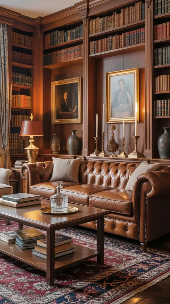 Traditional living room with a brown leather chesterfield sofa, bookshelves, warm lighting, and vintage rug creating a cozy timeless space.