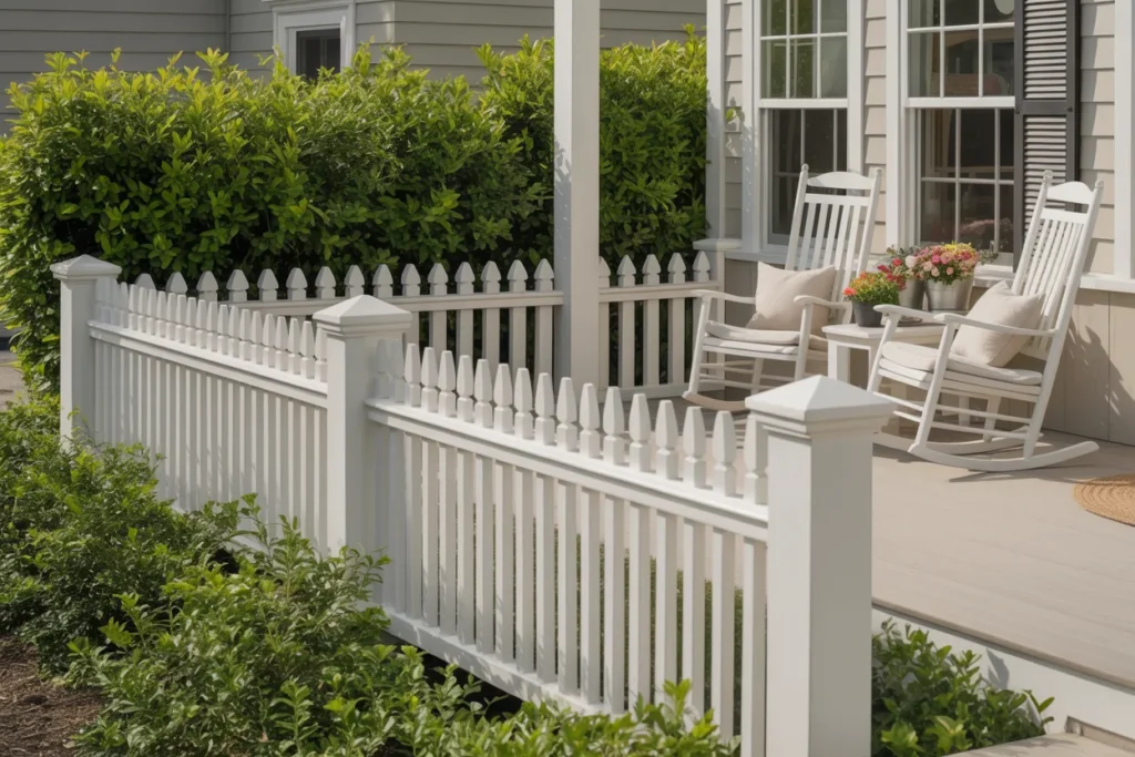 Classic white picket porch railing with pointed vertical boards, square posts, porch steps, and green shrubs in bright daylight.