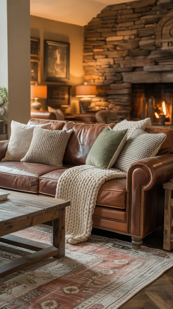 Rustic living room with a distressed brown leather sofa, wood furniture, layered textiles, and a warm inviting farmhouse atmosphere.