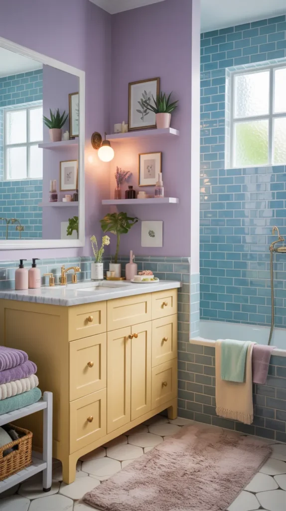 Lilac bathroom with baby blue tile shower and butter yellow vanity styled as a fully furnished colorful space