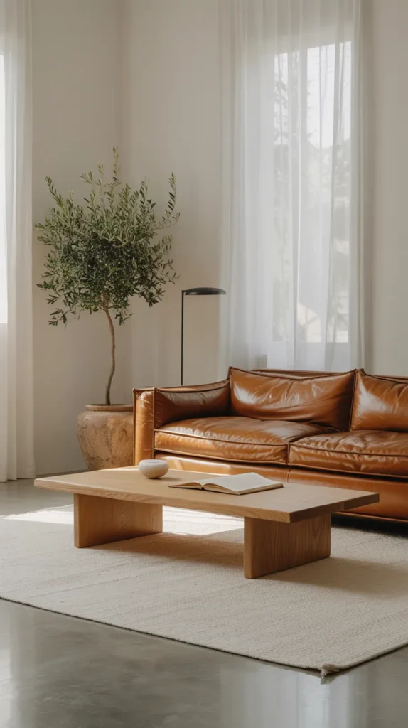 fully furnished minimalist living room, tan leather sofa centered, clean lines furniture, large simple area rug, single modern floor lamp, one large indoor plant, white walls, soft natural lighting, uncluttered calm space, architectural interior photography, modern refined aesthetic