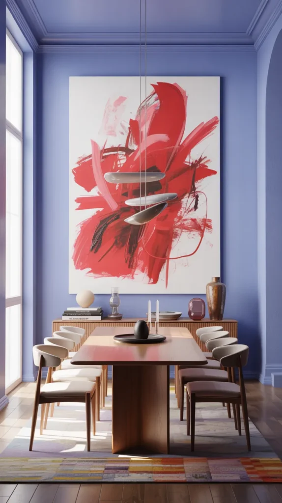 Periwinkle dining room with bold red artwork and modern furniture, artistic colorful dining interior