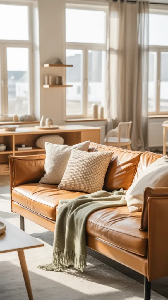 Bright Scandinavian living room with a light leather sofa, pale wood furniture, and cozy textured textiles in natural daylight.