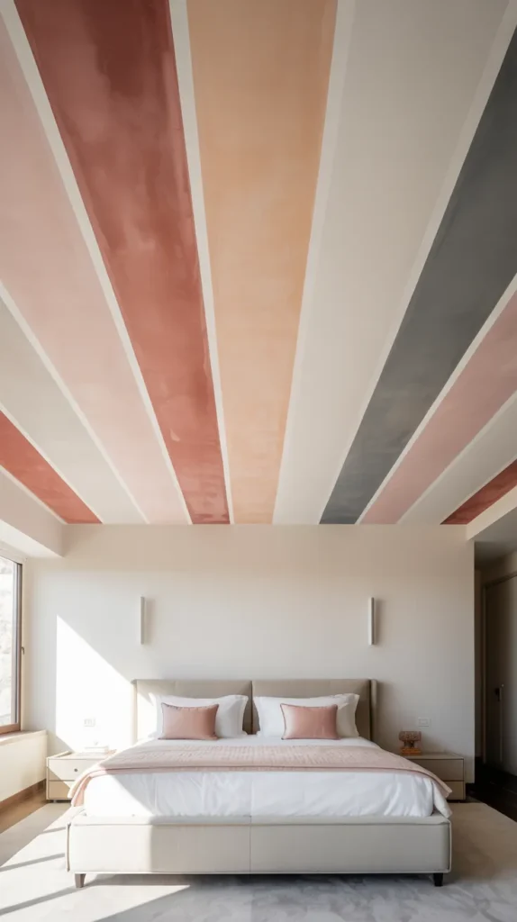 Bright modern bedroom with wide dusty rose, coral, blush, gray, and white striped ceiling and minimalist white walls.