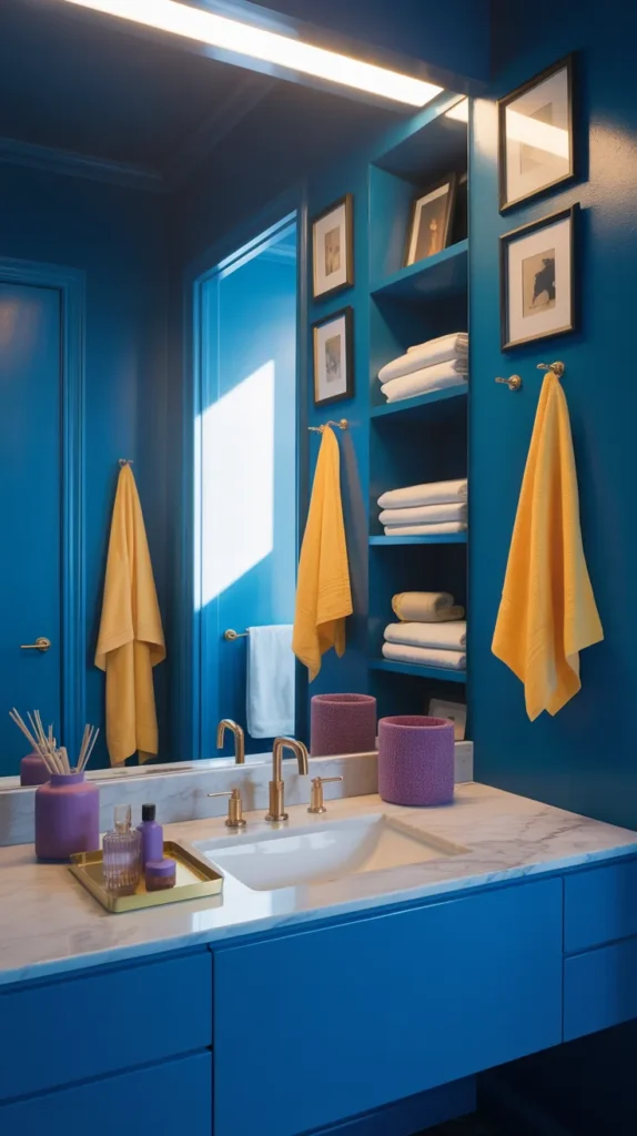 Cobalt bathroom with lemon and orchid accents styled as a modern artistic interior