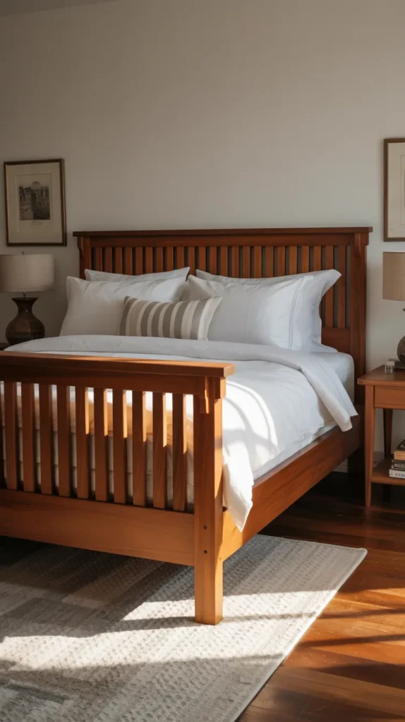 Mission Craftsman slat vintage bed in a furnished modern upscale bedroom