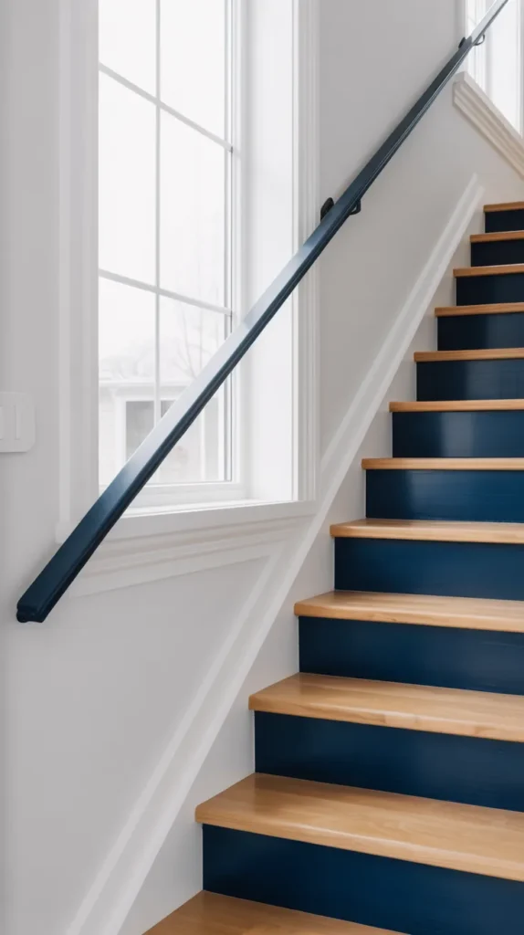 Modern staircase with bold navy painted stair risers, natural oak treads, white walls, and black handrail in a bright contemporary home.