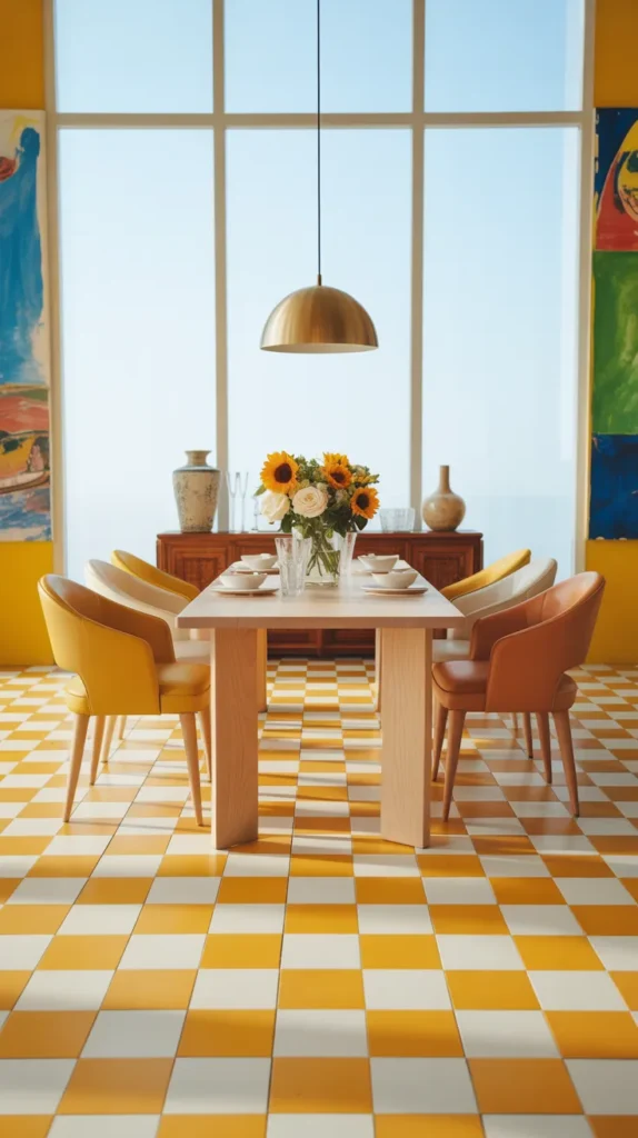 Dining room with butter yellow and white checkerboard floor, wood table and colorful decor in bright inviting interior