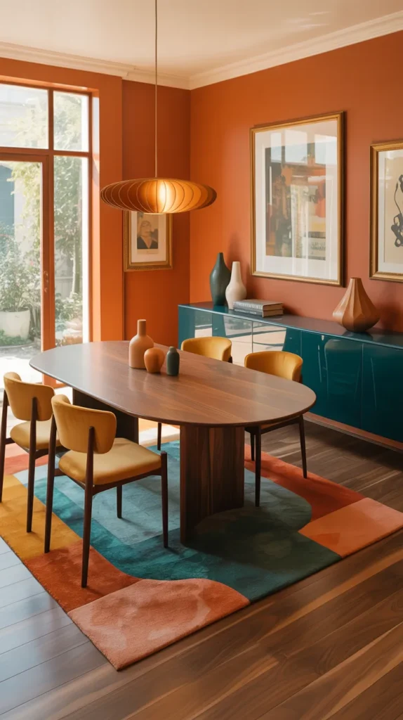 Retro inspired dining room with burnt orange walls, mustard chairs and teal cabinet, bold colorful modern 70s palette interior