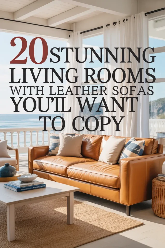 Bright coastal living room featuring a sandy leather sofa, airy curtains, and light natural beach-inspired decor.