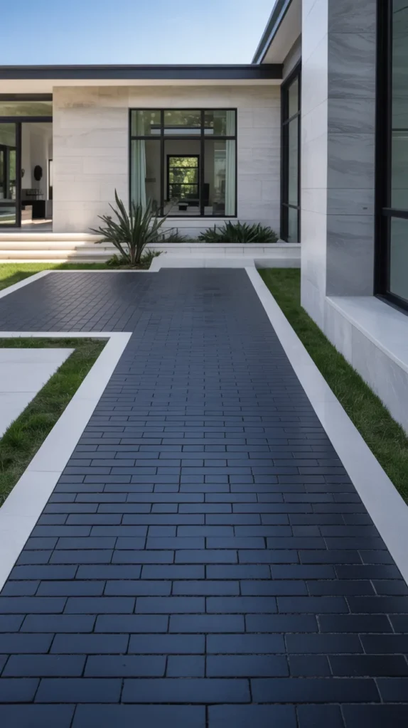 Black brick walkway framed with a white border leading to a modern home entrance.