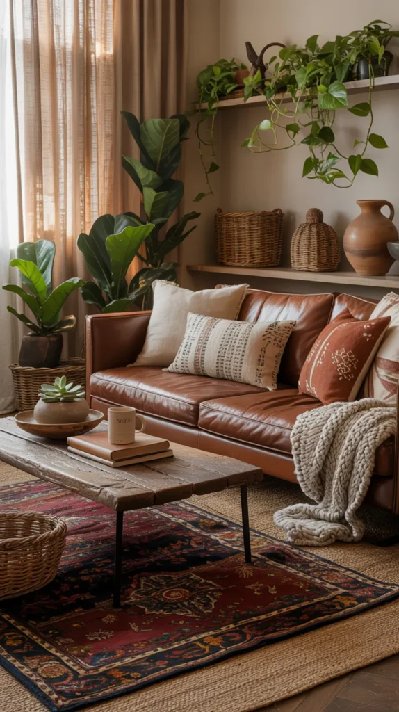 Boho living room with a brown leather sofa, layered rugs, woven decor, and plants creating a warm cozy earthy interior.