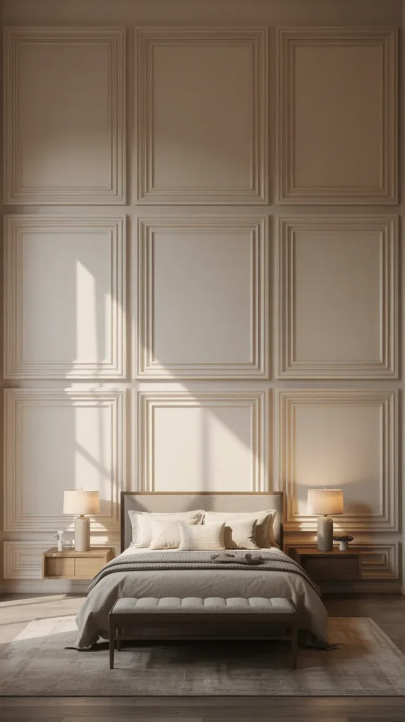 Oversized square wall panel molding behind bed with centered headboard and symmetrical bedroom layout