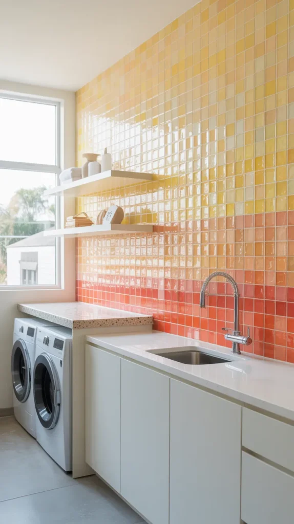 Bright laundry room with glossy square ombre tile wall in yellow, peach, and coral gradient bands, white cabinets, and modern finishes.