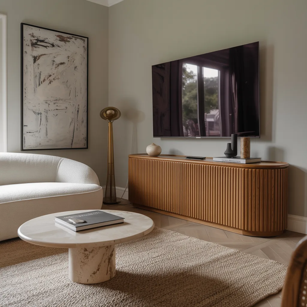 Light oak fluted wood TV console in a bright modern living room with neutral decor and natural daylight.