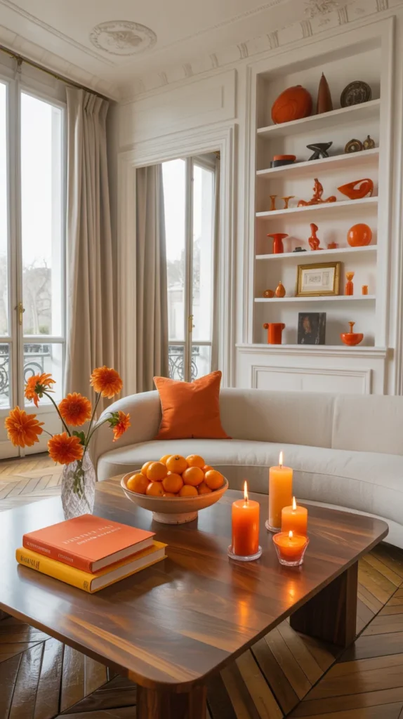 Parisian living room with classic molding styled with orange flowers, oranges, books and candles throughout the decor.