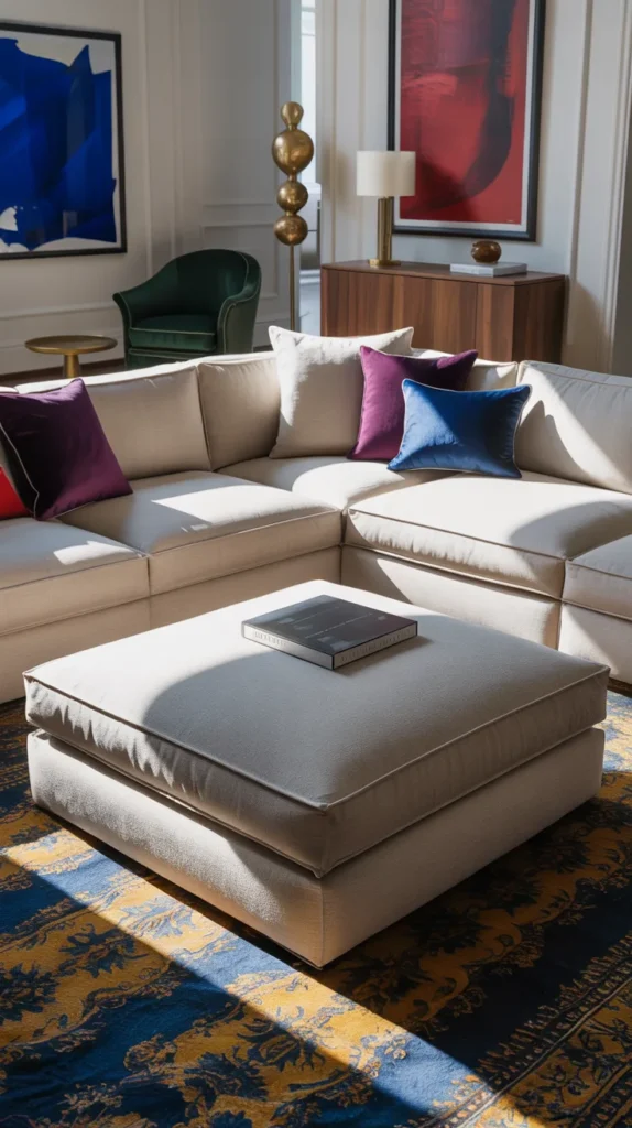 Neutral sectional sofa with matching ottoman centered in front, styled in a white wall living room with bold abstract art and colorful rug.