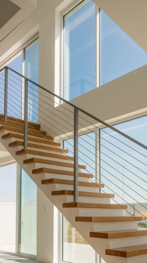 Open modern staircase with floating oak treads and stainless steel cable railing in a bright sunlit double-height home.