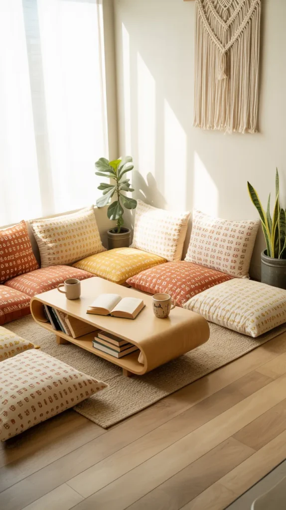 Bright bohemian reading nook with patterned floor cushions and natural sunlight in a real home.