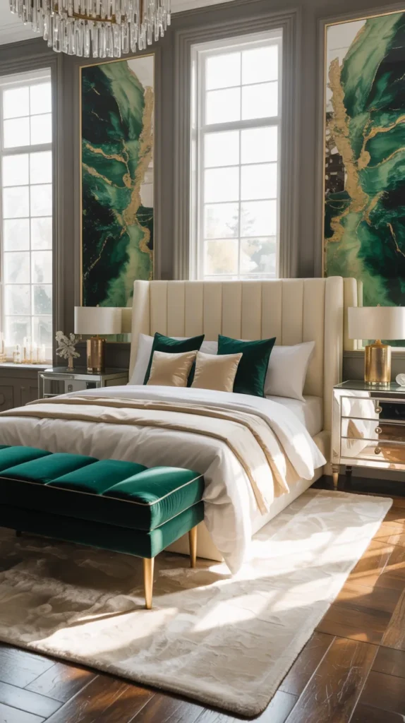 Emerald velvet bench with gold legs at the foot of a fully furnished glam bedroom with cream headboard, chandelier, mirrored nightstands, and bright natural light.