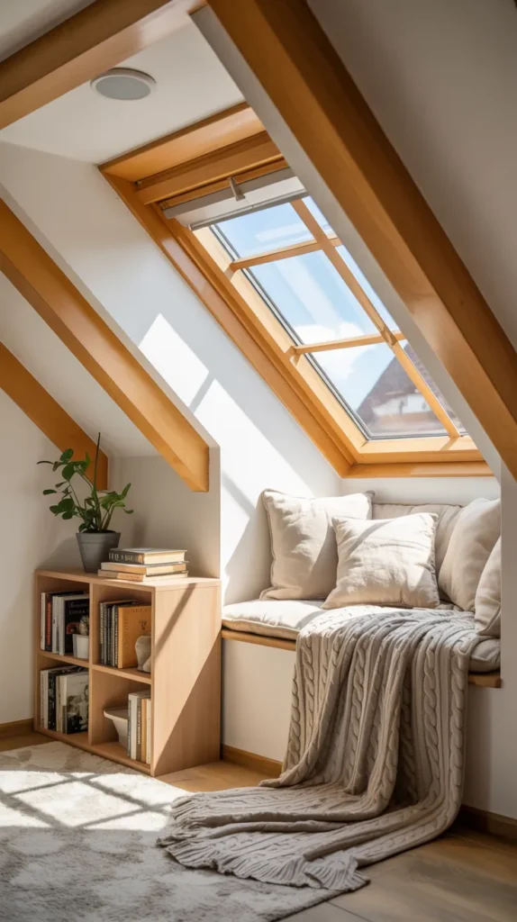 Attic dormer reading nook with bench seating and natural daylight in a real home interior.